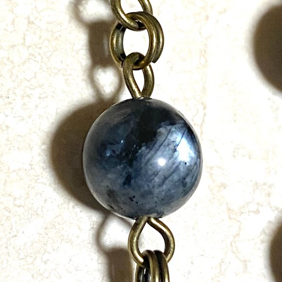 Natural Dark Larvikite Necklace, Bronze Paw Print Heart Beat + Genuine Gemstone - Picture 10 of 14